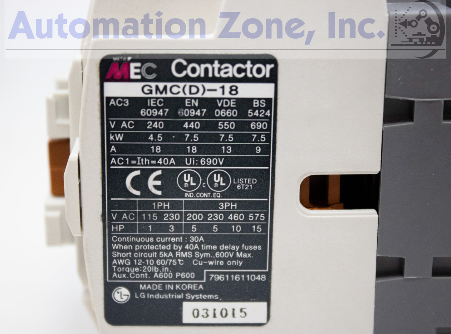 LS Electric (LG) GMD-18 Meta-Mec Contactor – 3-Pole, 18A (AC-3), 24V DC Coil, 1NO+1NC Aux