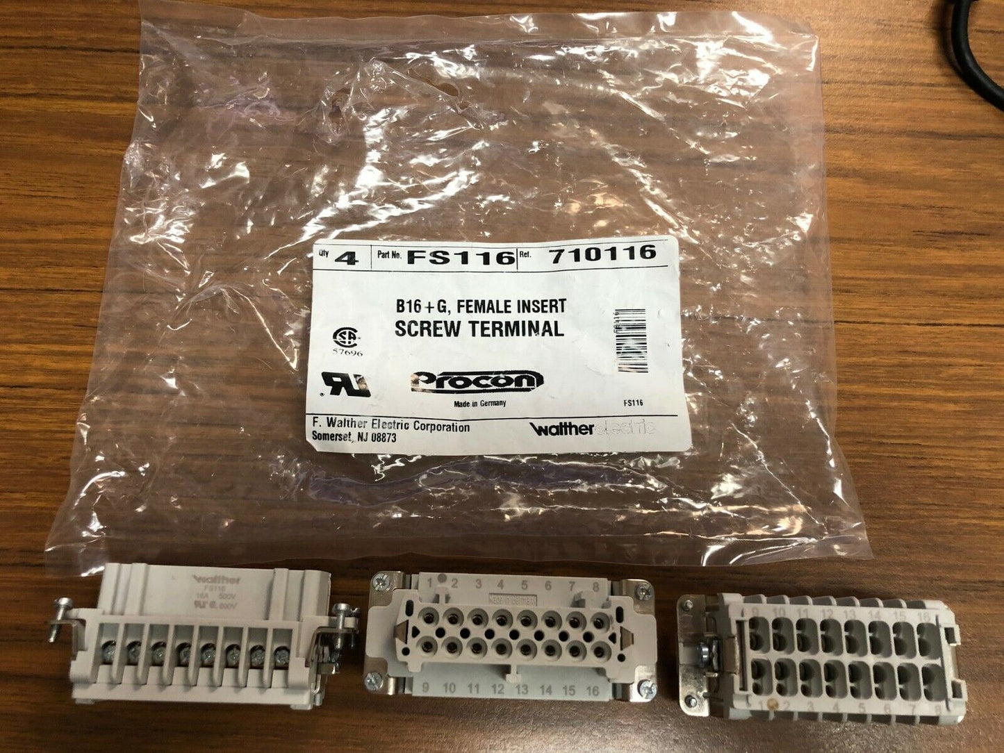 Walther-Werke B16 Female Insert (FS116) – 16-Pole + Ground, 16A, 500V, Screw Terminal (Lot of 3)