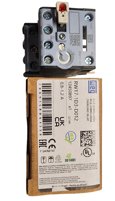 WEG RW17-1D3-D012 Thermal Overload Relay – 0.8A to 1.2A Adjustable, 3-Pole, Class 10, for CWC Mini Contactors