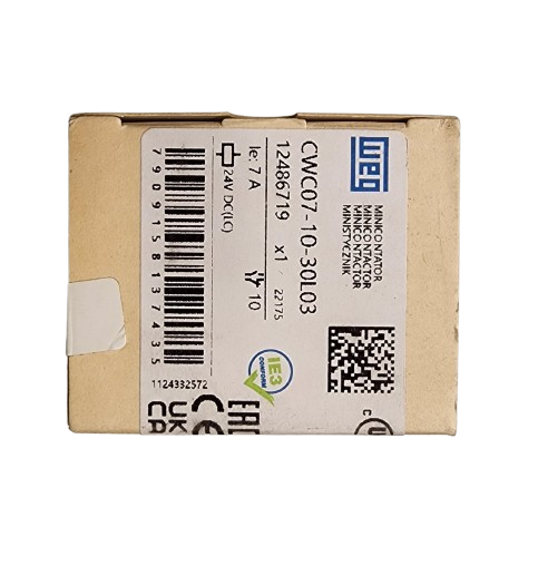 WEG CWC07-10-30L03 Miniature Contactor – 3-Pole, 7A (AC-3), 24V DC Low Consumption Coil, 1NO Aux