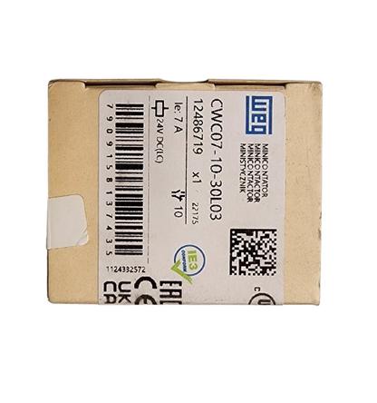 WEG CWC07-10-30L03 Miniature Contactor – 3-Pole, 7A (AC-3), 24V DC Low Consumption Coil, 1NO Aux