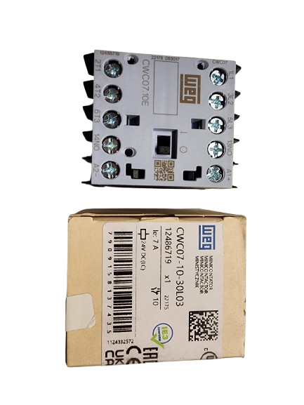 WEG CWC07-10-30L03 Miniature Contactor – 3-Pole, 7A (AC-3), 24V DC Low Consumption Coil, 1NO Aux