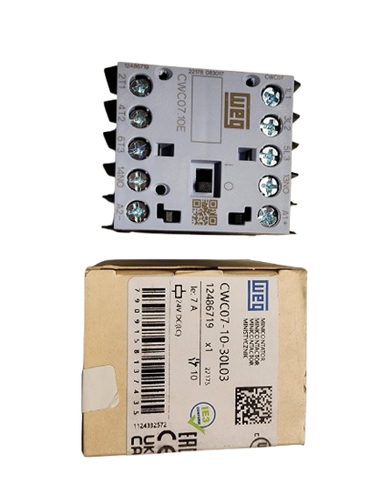 WEG CWC07-10-30L03 Miniature Contactor – 3-Pole, 7A (AC-3), 24V DC Low Consumption Coil, 1NO Aux