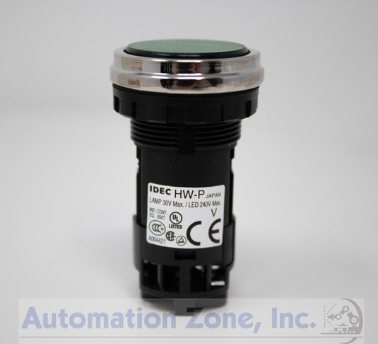 IDEC HW4P-1FQ-G-24V | 22mm Green LED Pilot Light, Round Flush, Metal Bezel, 24V AC/DC