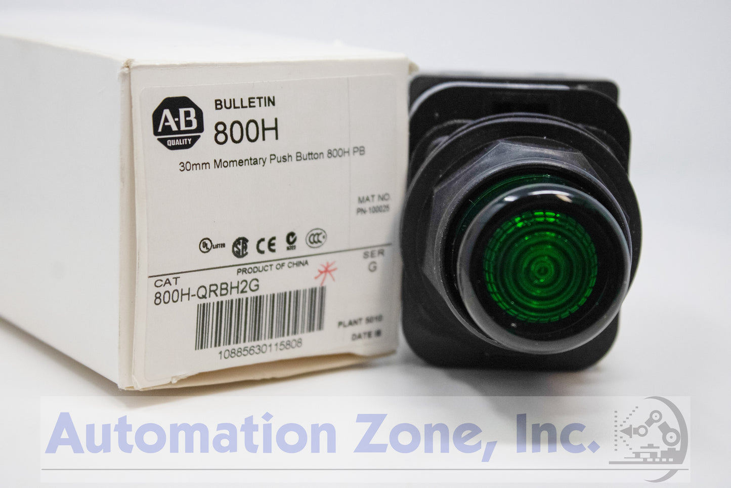 Allen-Bradley 800H-QRBH2G Illuminated Pushbutton – 30.5mm, Momentary, Green Extended Head, 12–130V AC/DC LED, 1 NO/1 NC
