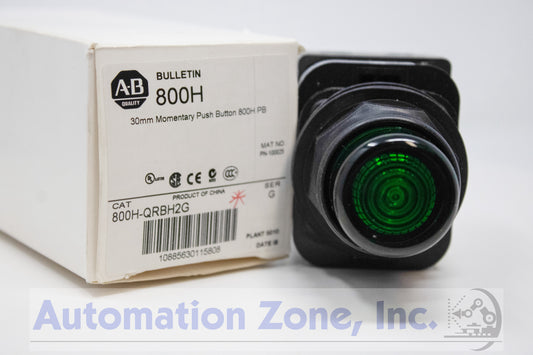 Allen-Bradley 800H-QRBH2G Illuminated Pushbutton – 30.5mm, Momentary, Green Extended Head, 12–130V AC/DC LED, 1 NO/1 NC