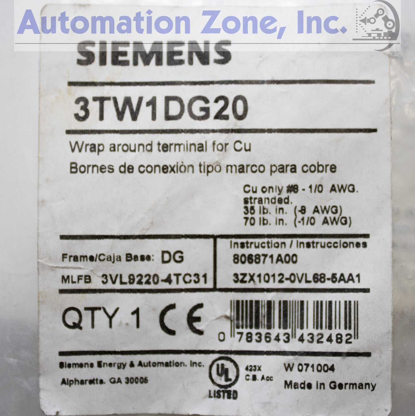 Siemens 3TW1DG20 Mechanical Terminal Lug Kit – 3-Pole, Line/Load side, for DG Frame Breakers