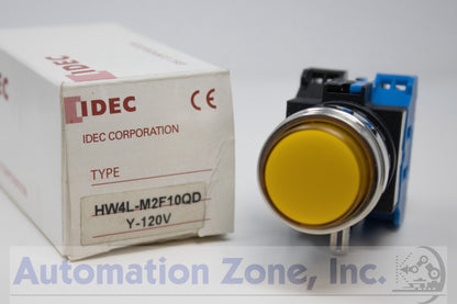 IDEC HW4L-M2F10QD-Y-120V Illuminated Pushbutton – 22mm, Extended, Momentary, 120V AC/DC, Yellow, 1NO