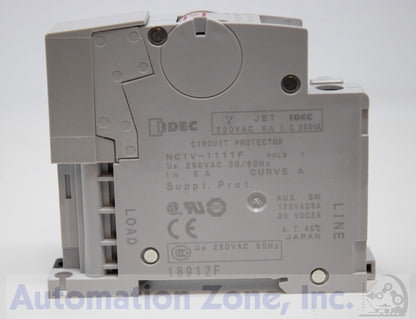 IDEC NC1V-1111F-5AA Circuit Protector – 1-Pole, 5A, 250V AC/65V DC, DIN Rail Mount, Medium Time Delay with Inertia Delay