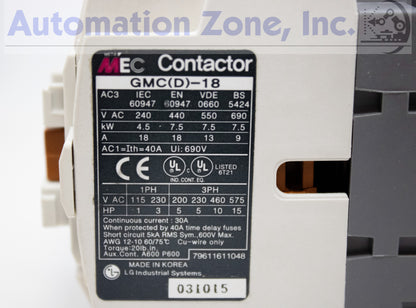LS Electric (LG) GMD-18 Meta-Mec Contactor – 3-Pole, 18A (AC-3), 24V DC Coil, 1NO+1NC Aux