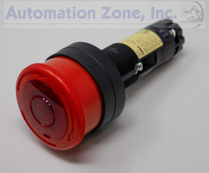 IDEC HW1E-LV4F11QD-R-120V Illuminated E-Stop – 22mm, 40mm Mushroom, Push-Lock Turn-Reset, 120V, Red, 1NO/1NC