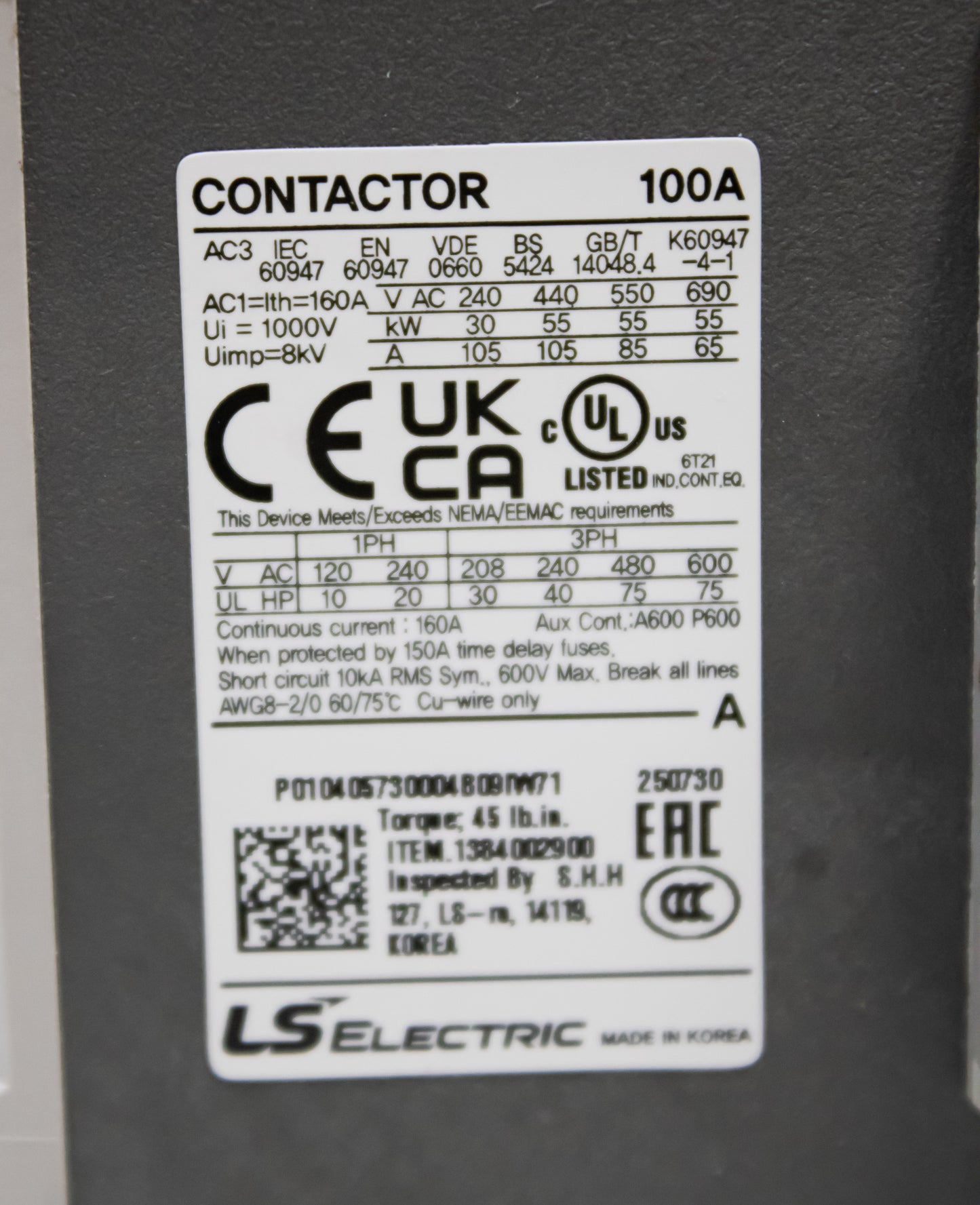 CONTACTOR, 100 AMP, 75HP @ 480,  40HP @ 220, 120 VOLT COIL, 100AF LSIS:1384002900