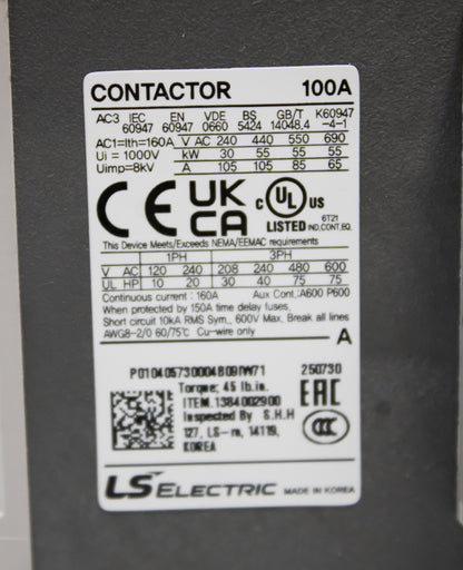 CONTACTOR, 100 AMP, 75HP @ 480,  40HP @ 220, 120 VOLT COIL, 100AF LSIS:1384002900