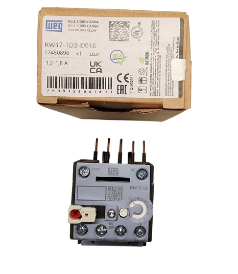 WEG RW17-1D3-D018 Thermal Overload Relay – 1.2A to 1.8A Adjustable, 3-Pole, Class 10, for CWC Mini Contactors